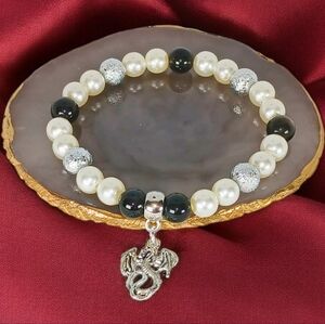 Obsidian & Pearl Bracelet with Silver Dragon Charm LES Biker Motocore Baddie Y2K